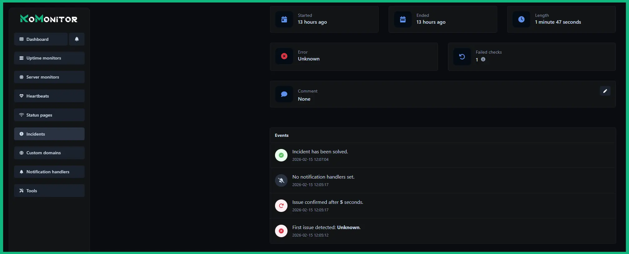Screenshot of the app monitors incidents page