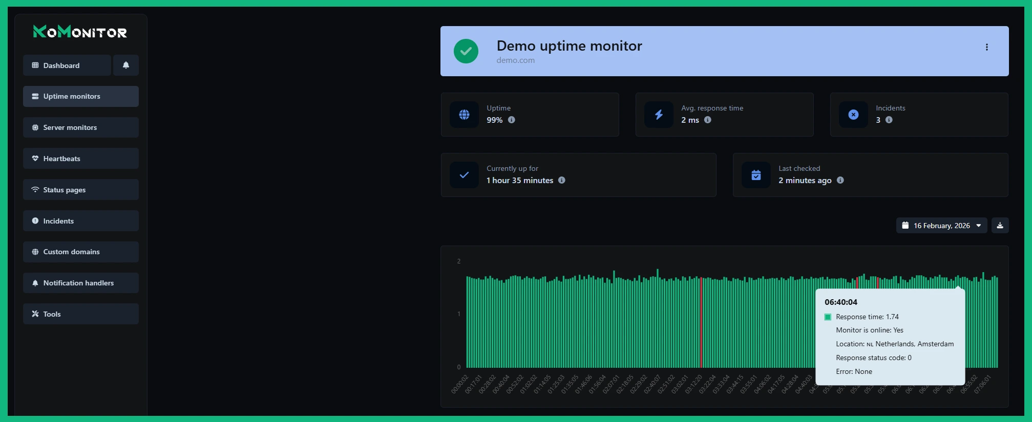 Screenshot of the app uptime monitor page